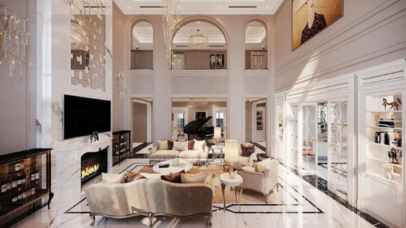 Trang trí nội thất biệt thự Vinhomes Imperia Hải Phòng ấn tượng với phòng khách thông tầng đẹp, sang trọng. thiết kế biệt thự tân cổ điển
