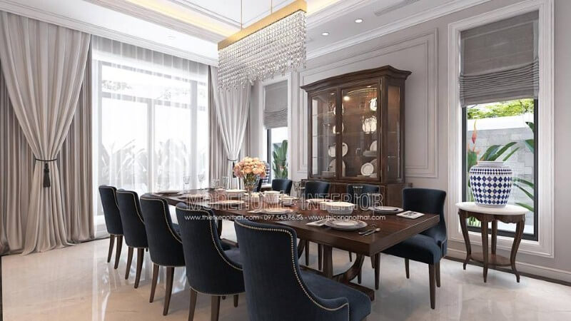 Thiết kế nội thất phòng ăn phòng ăn tân cổ điển đẹp, quý phái với không gian bàn ăn dành cho 10 người nhưng vẫn rộng rãi thông thoáng. thiết kế biệt thự tân cổ điển
