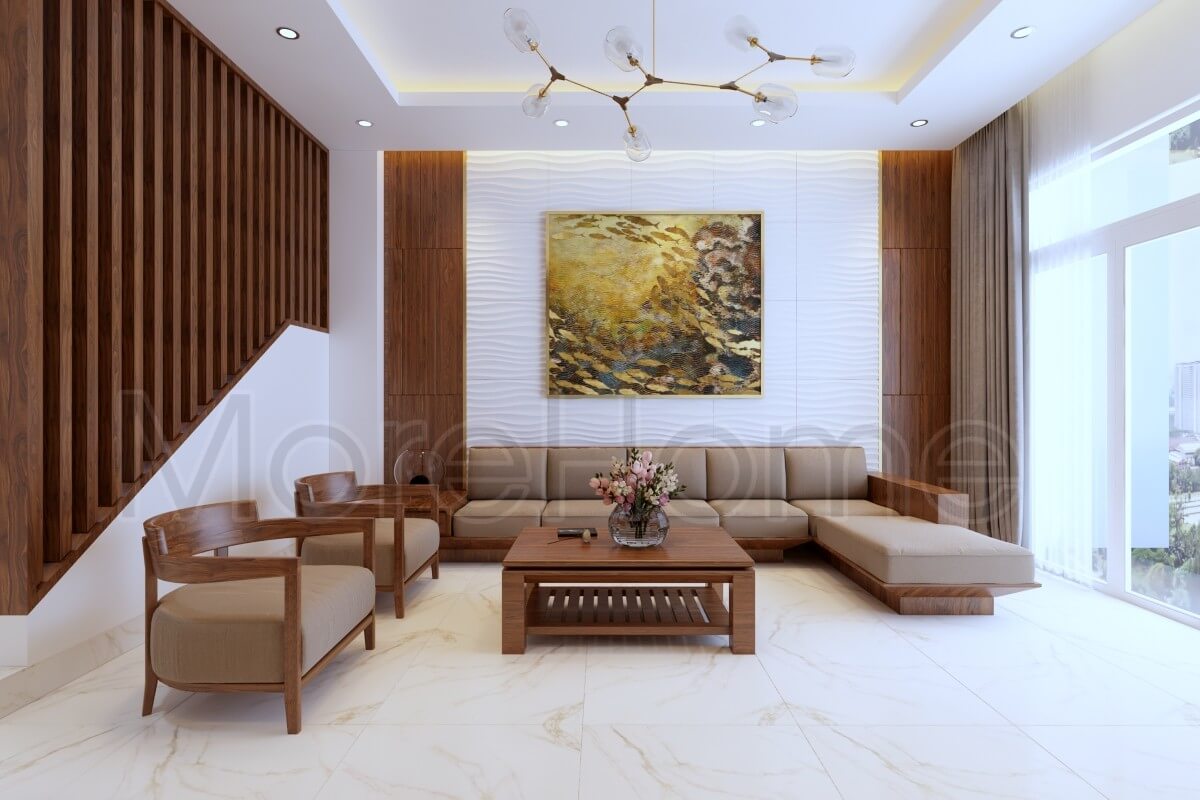 Thiết kế nhà phố với nội thất gỗ tự nhiên cao cấp cho phòng khách trở lên sang trọng và gần gũi với thiên nhiên Thiết kế nội thất phòng khách nhà phố