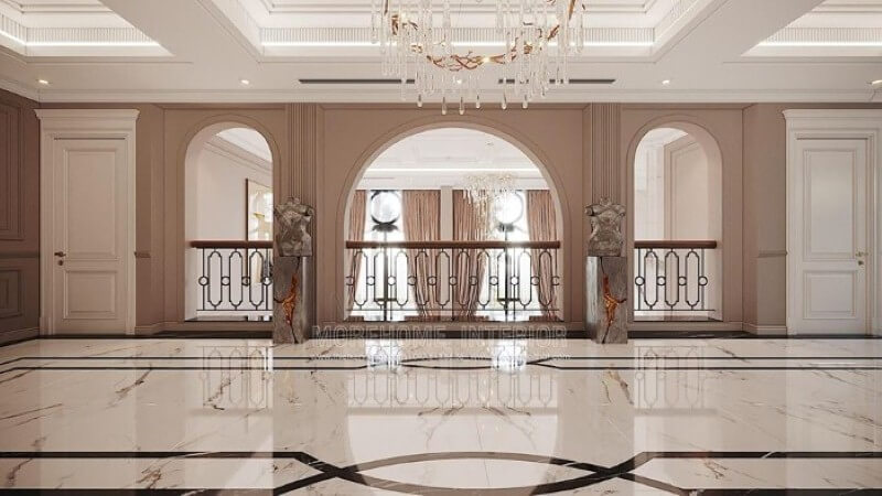 Thiết kế hành lang đẹp, sang trọng cho phòng khách thông tầng. Thiết kế nội thất bệt thự Hà Nội