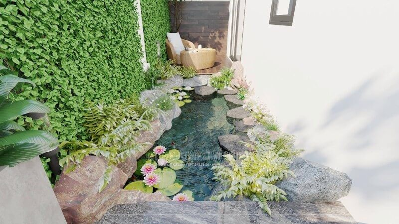 Morehome xin giới thiệu quý vị ý tưởng thiết kế tiểu cảnh sân vườn bên hông nhà biệt thự, nhà phố với khoảng diện tích nhỏ để bạn ngồi thư giãn và trước mặt là mặt hồ nước được bố trí giữa 2 lối ra, bạn có thể đi trên mặt hồ dễ dàng qua cách thiết kế sử dụng các phiến đá chìa ra bên cạnh nhà. thiết kế nội thất hiện đại