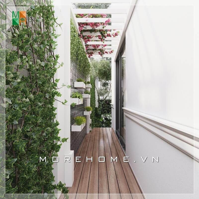 Chiêm ngưỡng mẫu thiết kế lối đi hông nhà biệt thự, nhà phố trang trí treo nhiều chậu cây xanh đẹp và xanh mát. thiết kế nội thất hiện đại