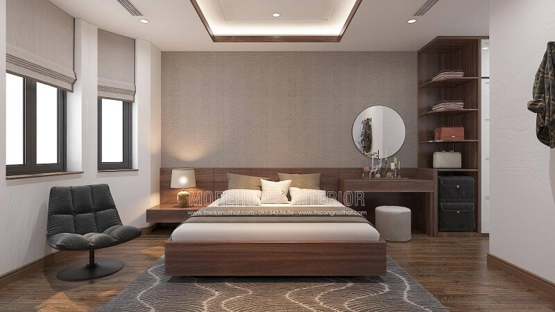 Nếu bạn là người mệnh Thổ hay mệnh Kim thì mẫu thiết kế nội thất phòng ngủ sử dụng gam màu nâu chủ đạo sẽ là gam màu khá phù hợp. Thể hiện nổi bật trong toàn bộ vật liệu đường ngôi nhà, từ sàn gỗ, giường ngủ gỗ, bàn trang điểm gỗ, kệ để đồ gỗ cùng chi tiết nhấn màu gỗ trên trần thạch cao và rèm.