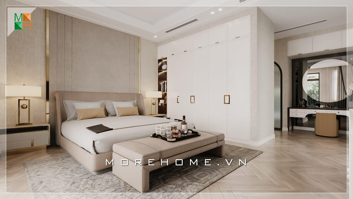 Mẫu thiết kế giường ngủ dạng bệt bằng gỗ bọc nỉ đầu giường tạo sự êm ái khi thư giãn nghỉ ngơi, phù hợp chung cư, nhà phố, biệt thự phong cách hiện đại