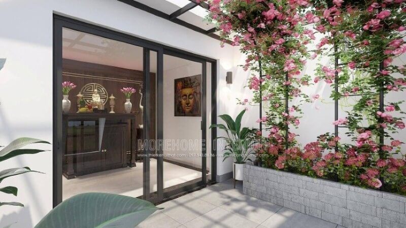 Morehome xin giới thiệu mẫu thiết kế phòng thờ thờ Phật Quan Âm trên đây với tủ thờ bằng gỗ óc chó cao cấp kết hợp cùng tấm gỗ ốp tường với trọng tâm chữ Thọ tạo điểm tinh tế có phía trước hướng ra vườn hoa tuyệt đẹp sẽ là gợi ý lý tưởng cho không gian nhà phố, biệt thự.