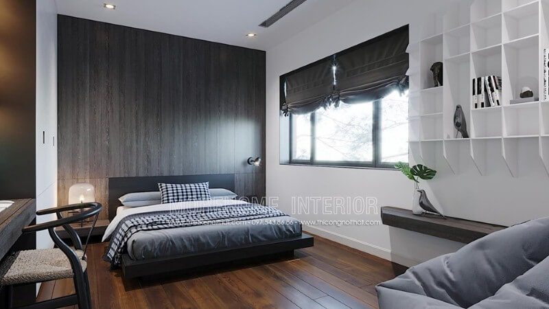 Điểm nhấn tường phòng ngủ độc đáo, sang trọng với gỗ ốp tường cao cấp.