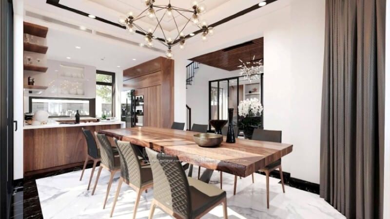 Sẽ là một gợi ý sáng tạo sẽ khiến bạn thích thú như trong ý tưởng bố trí phòng bếp hiện đại biệt thự Vinhomes Imperia Hải Phòng trong đây, thiết kế kệ trang trí ở vị trí gần bàn ăn nhất giúp bạn lấy ly, chén một cách thuận tiện Thiết kế nội thất tại Hưng Yên