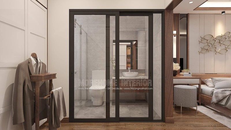 Thoạt nhìn kệ để quần áo như trên có vẻ sẽ mang lại sự bất tiện khi mất thời gian để kệ quần áo ra rồi để vào mỗi khi lấy quần áo trong tủ ra tuy nhiên nó lại hợp lý khi tủ trên lại là tủ để lưu trữ chỉ khi cần bạn mới lấy ra đôi ba lần, còn bố trí tủ quần áo lại nằm ở phía đối diện cửa trượt giúp bạn rất tiện khi tìm quần áo. Thiết kế nội thất tại Hưng Yên