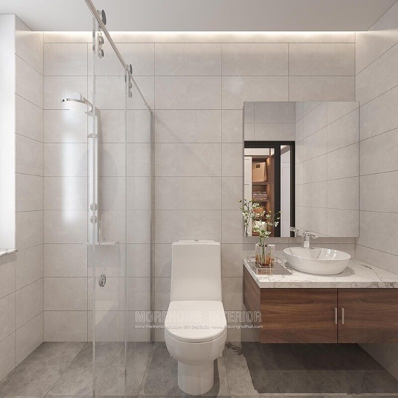 Bạn đang muốn sở hữu mẫu thiết kế phòng tắm đơn giản đẹp, ý tưởng sử dụng phòng tắm kính cửa trượt giúp không gian trở nên thông thoáng, tiện ích, gương ốp tường không bo viền, tường đơn sắc nhưng tổng hòa lại tạo nên bức tranh sang trọng ấn tượng. Thiết kế nội thất tại Hưng Yên