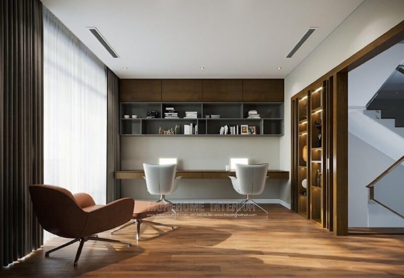 Kệ ốp tường thiết kế đơn giản với các nhiêu ô để đồ giúp bạn lưu trữ đồ gọn gàng ngăn nắp dành cho 2 người. Thiết kế nội thất tại Hưng Yên