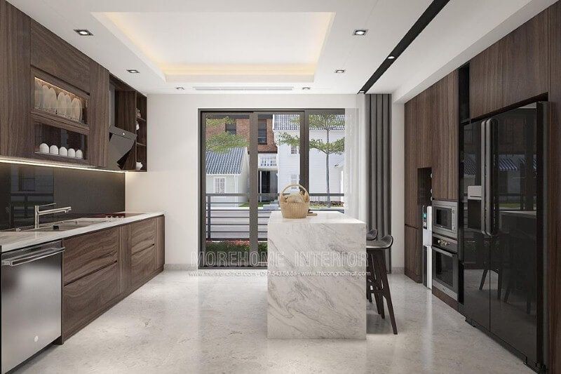 Thiết kế phòng bếp cho nhà phố, nhà liền kề, biệt thự phố ấn tượng với nội thất gỗ cao cấp. Thiết kế nội thất tại Hưng Yên