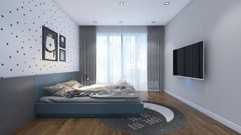 Ý tưởng thiết kế phòng bé đơn giản với cửa lớn cùng rèm 2 lớp giúp phòng bé luôn tràn trề sinh khí nhưng vẫn giảm thiểu tối đa sức nóng ngày hè oi ả.