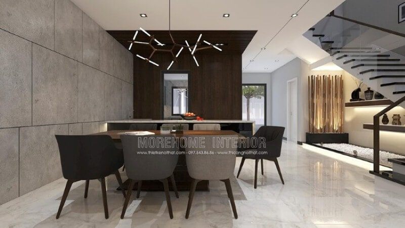Trang trí phòng ăn hiện đại độc đáo dành cho không gian rộng như nhà phố, biệt thự với ý tưởng thiết kế mở phòng ăn liền kề phòng khách, phòng bếp.
