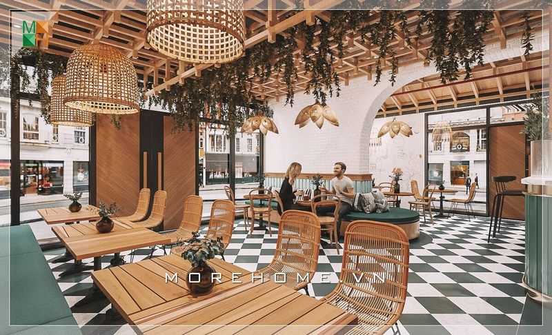 Ấn tượng với mẫu thiết kế nội thất quán cafe với hệ thống đèn thả trang trí và ghế tựa bằng mây tre đan phong cách lạ mắt, độc đáo
