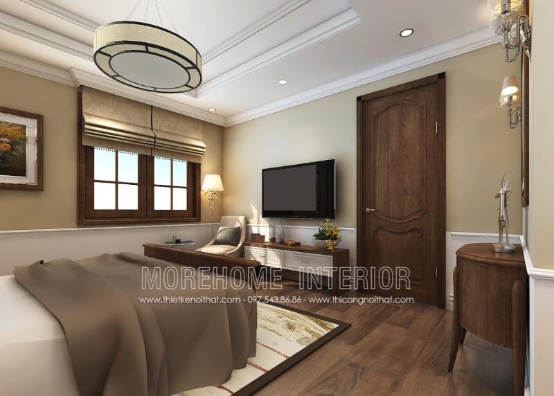 Cửa gỗ tân cổ điển cho phòng ngủ có thiết kế đẹp mắt và sang trọng, được làm từ gỗ óc chó nhập khẩu.
