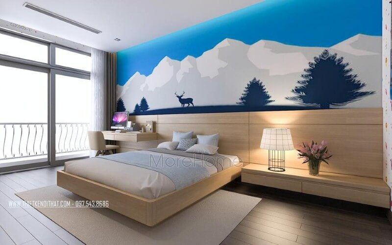 Gỗ ốp tường sáng màu kết hợp với tranh dán tường thiên nhiên sinh động sẽ làm nổi bật và độc đáo cho phòng ngủ của con trai.